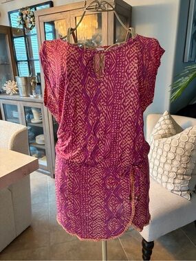 Women’s Pink Patterned Short-Sleeve Tunic Dress or beach cover up